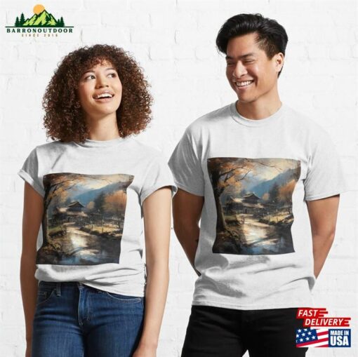 Realistic Painting Of Rural Japanese Building With Beautiful Scenery And River Classic T-Shirt Hoodie Sweatshirt