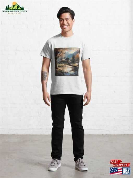 Realistic Painting Of Rural Japanese Building With Beautiful Scenery And River Classic T-Shirt Hoodie Sweatshirt