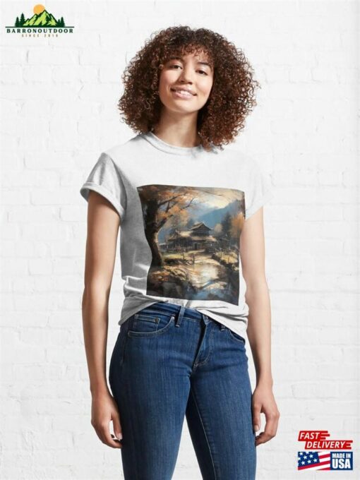 Realistic Painting Of Rural Japanese Building With Beautiful Scenery And River Classic T-Shirt Hoodie Sweatshirt