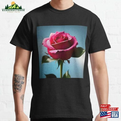 Roses Collection Pink Rose On A Blue Background Art # 25 Classic T-Shirt Sweatshirt Unisex