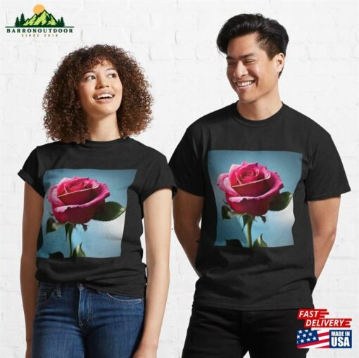 Roses Collection Pink Rose On A Blue Background Art # 25 Classic T-Shirt Sweatshirt Unisex