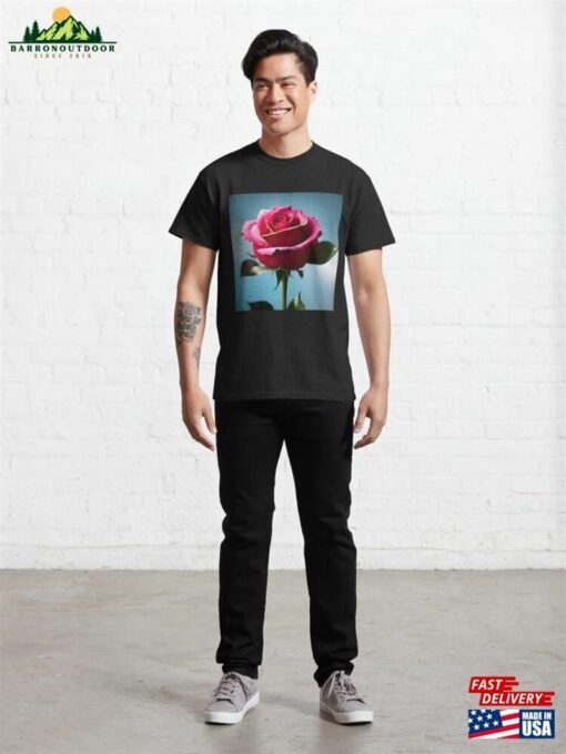 Roses Collection Pink Rose On A Blue Background Art # 25 Classic T-Shirt Sweatshirt Unisex