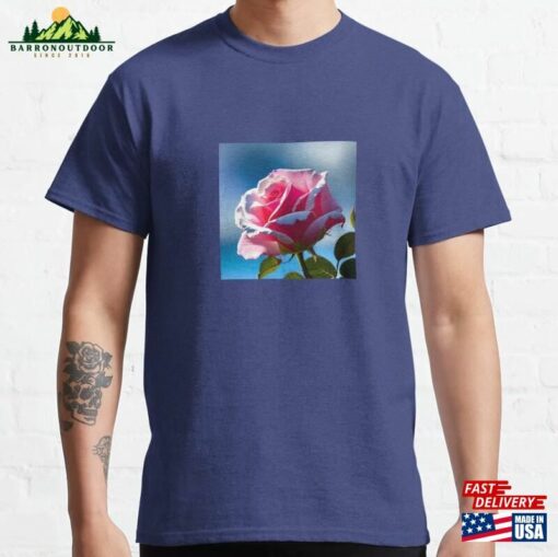 Roses Collection Pink Rose On A Blue Background Art # 26 Classic T-Shirt Unisex