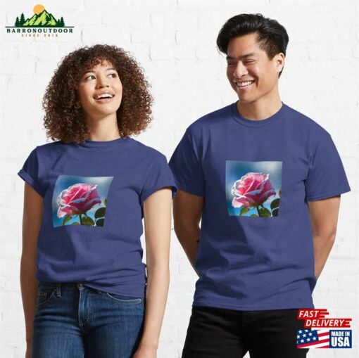 Roses Collection Pink Rose On A Blue Background Art # 26 Classic T-Shirt Unisex