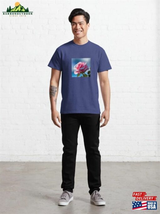 Roses Collection Pink Rose On A Blue Background Art # 26 Classic T-Shirt Unisex