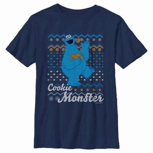 Boy_s Sesame Street Cookie Monster Ugly Christmas Sweater Print T-Shirt