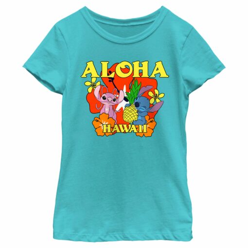 Girl_s Lilo & Stitch Aloha Hawaii Angel and Stitch T-Shirt