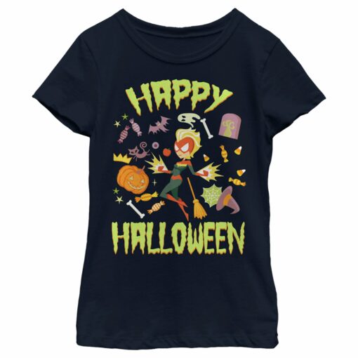 Girl_s Marvel Animated Captain Marvel Happy Halloween T-Shirt