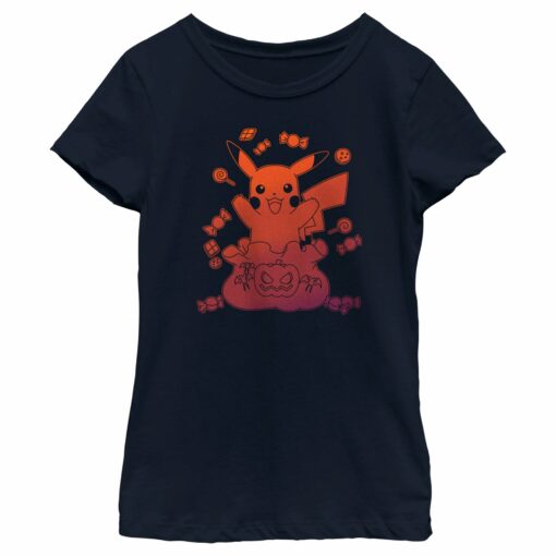 Girl_s Pokemon Halloween Pikachu Bag of Candy T-Shirt