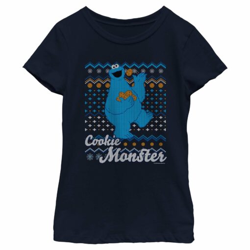 Girl_s Sesame Street Cookie Monster Ugly Christmas Sweater Print T-Shirt