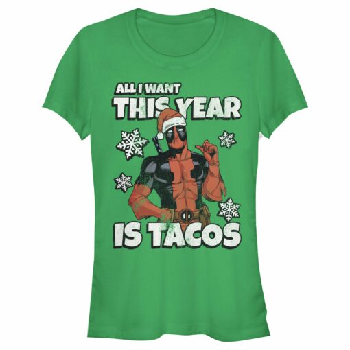 Junior_s Marvel Christmas Deadpool Santa Tacos T-Shirt