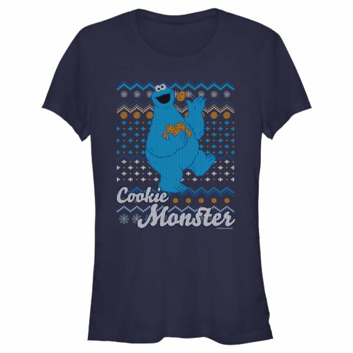 Junior_s Sesame Street Cookie Monster Ugly Christmas Sweater Print T-Shirt