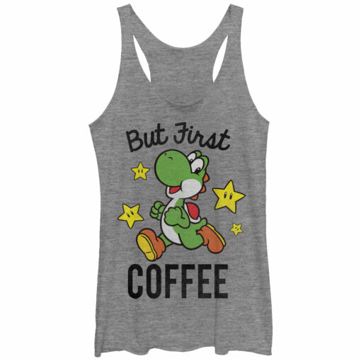 Women_s Nintendo Yoshi First Coffee Racerback Tank Top