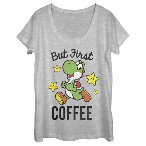 Women_s Nintendo Yoshi First Coffee Scoop Neck