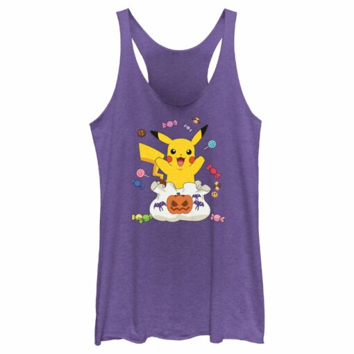 Women_s Pokemon Halloween Pikachu Bag of Candy Racerback Tank Top