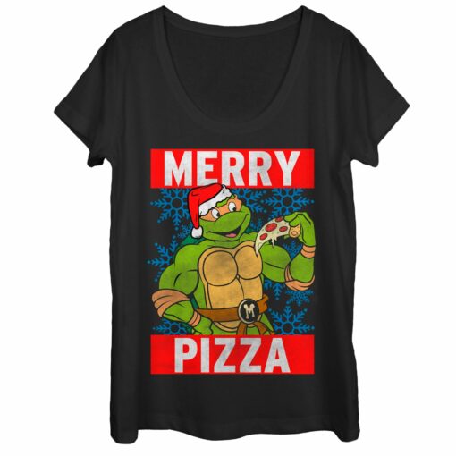 Women_s Teenage Mutant Ninja Turtles Christmas Merry Pizza Scoop Neck