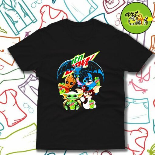 Baby Yoda Groot Stitch Toothless hugging Mtn Dew T-Shirt