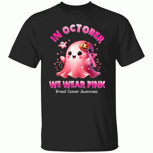 In October We Wear Pink Ghost Witch Breast Cancer Awareness T-Shirt